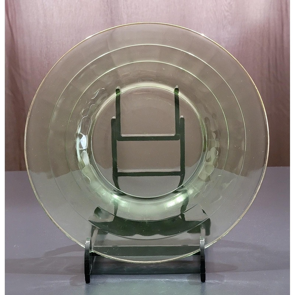 Vintage Green Uranium Glass Plate Gold Rim Concentric Rings Vaseline Glass 8in
